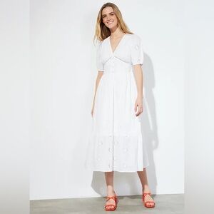Dunnes Store White Cottage Eyelet Lace Tiered Boho Midi Dress Size Medium